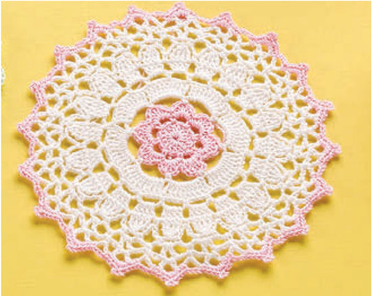 Winter Rose Doily Crochet Pattern - Lacy Floral Centerpiece with Pink Accent